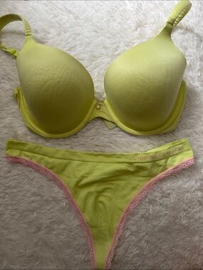 Victoria's Secret Neon Lime Bikini Set with Pink Lace Trim